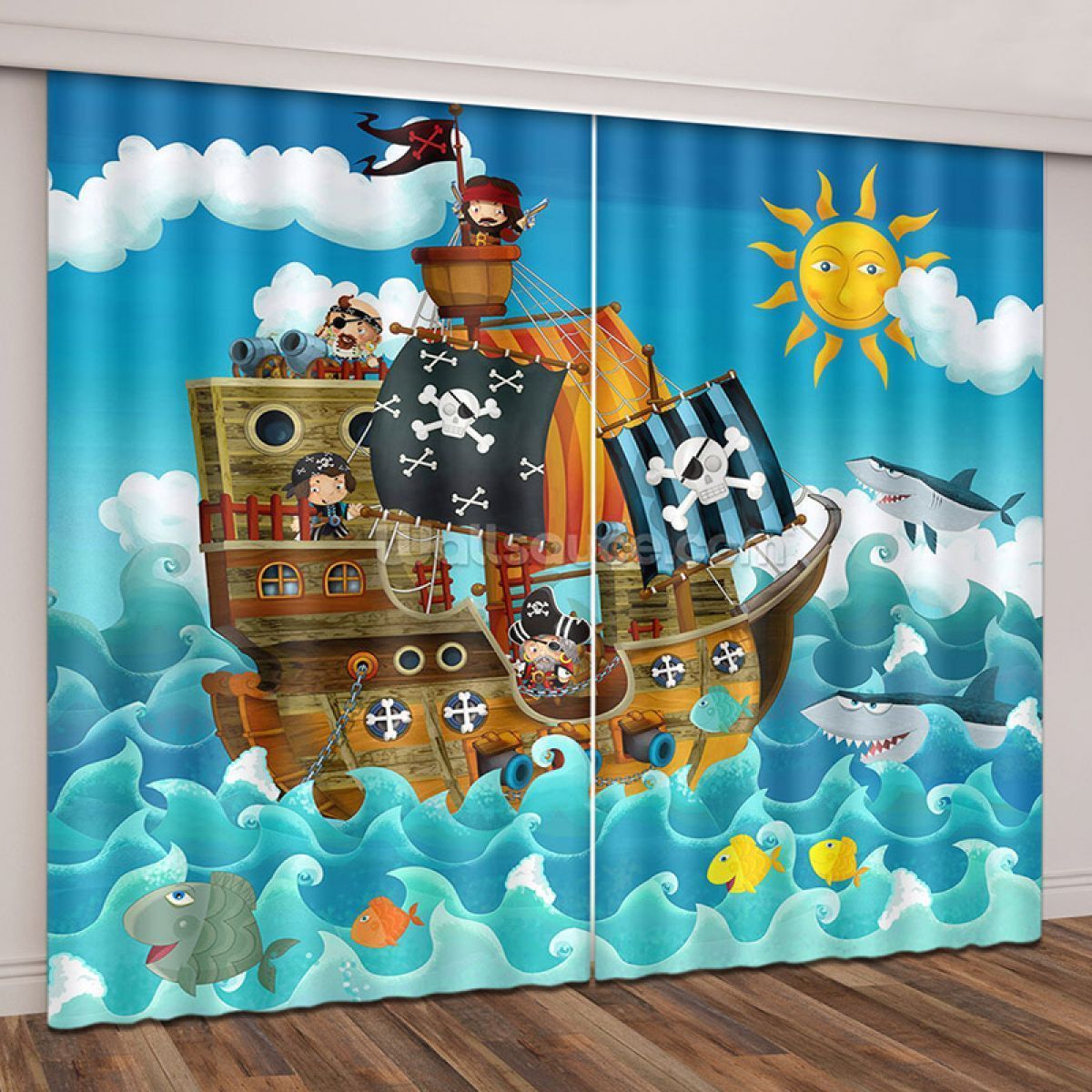 Cartoon Pirate Boat Printed Window Curtain Home Decor cartoon pirate boat printed window curtain home decor 4898