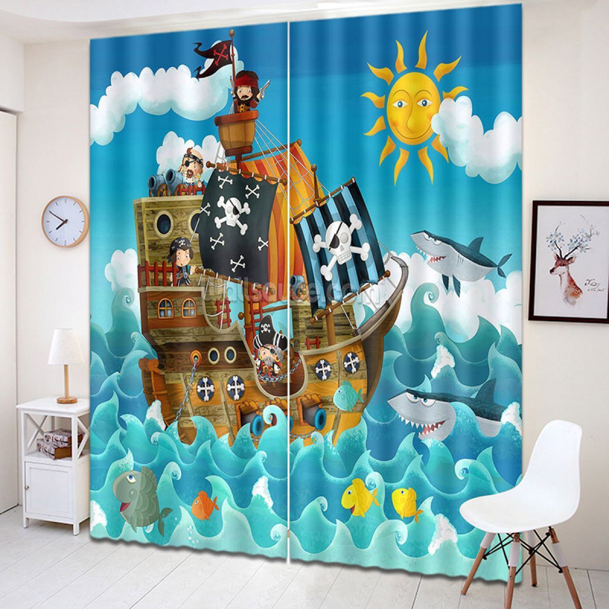 Cartoon Pirate Boat Printed Window Curtain Home Decor cartoon pirate boat printed window curtain home decor 6976