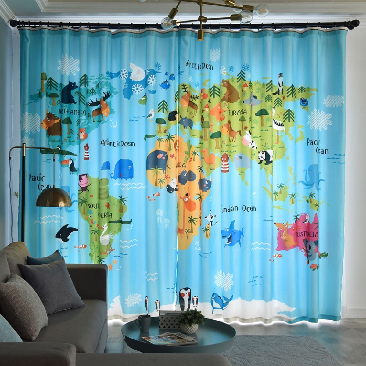 cartoon world map animal life printed window curtain home decor 8168
