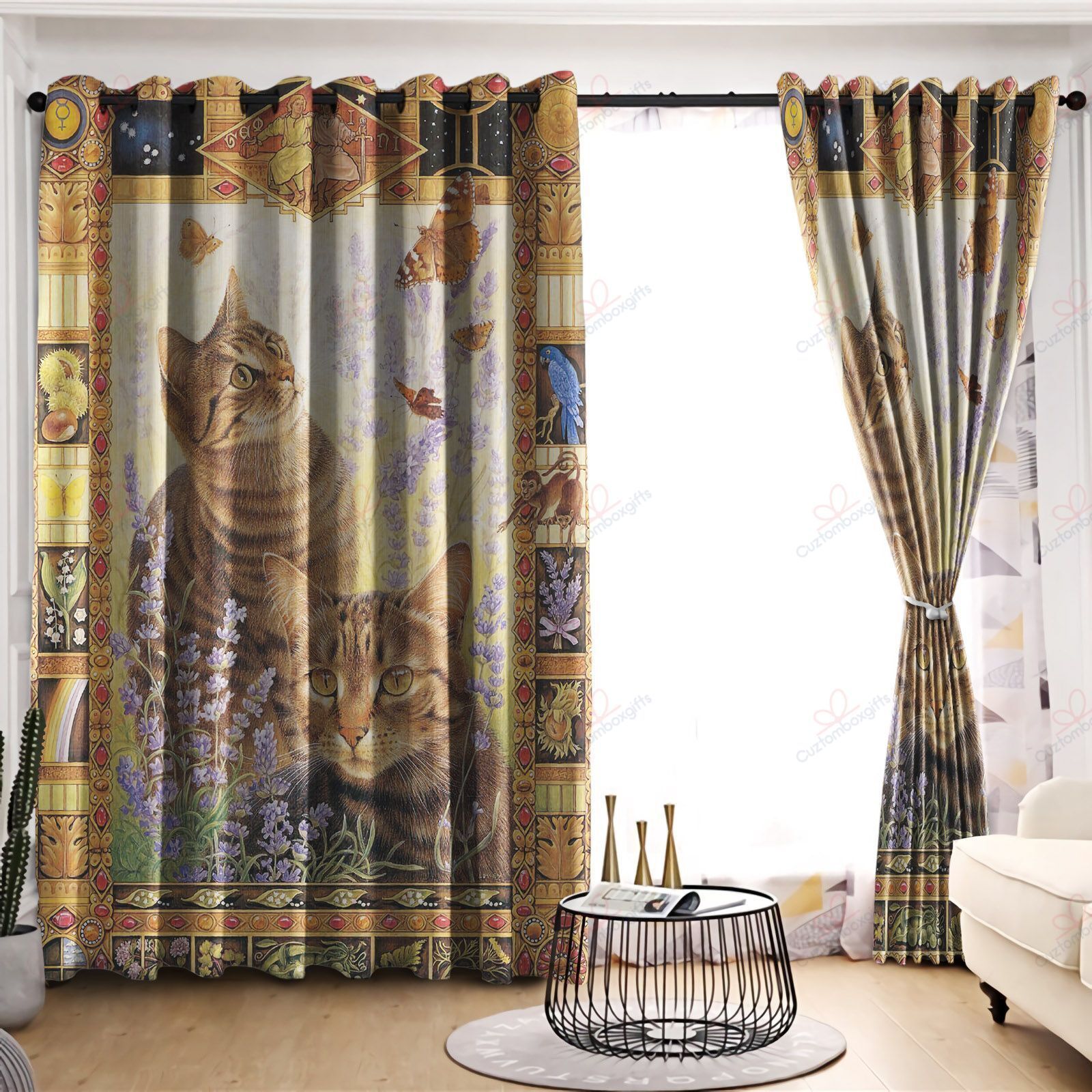 cat butterfly playing window curtain home decor 7605