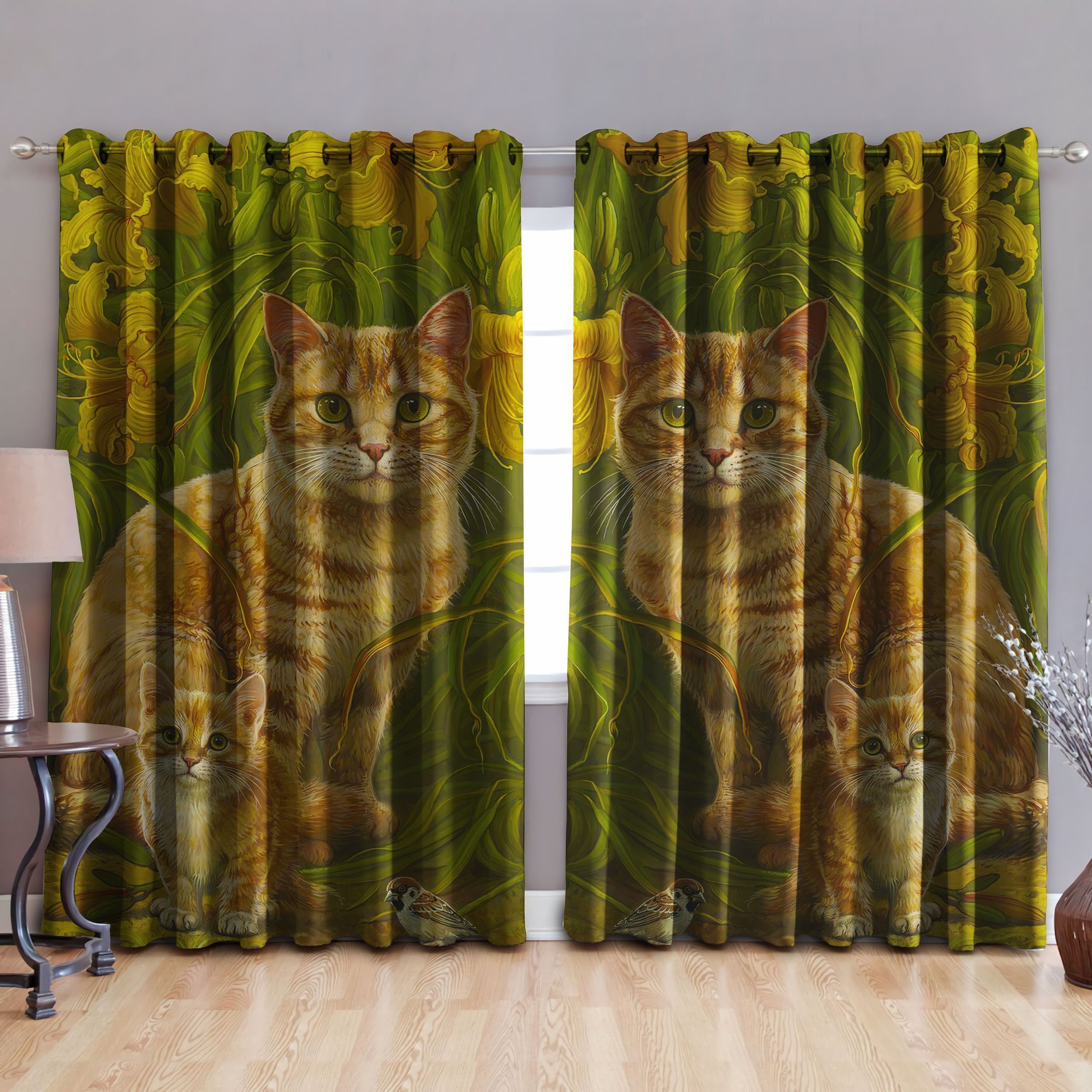 cat green tree printed window curtain home decor 4506