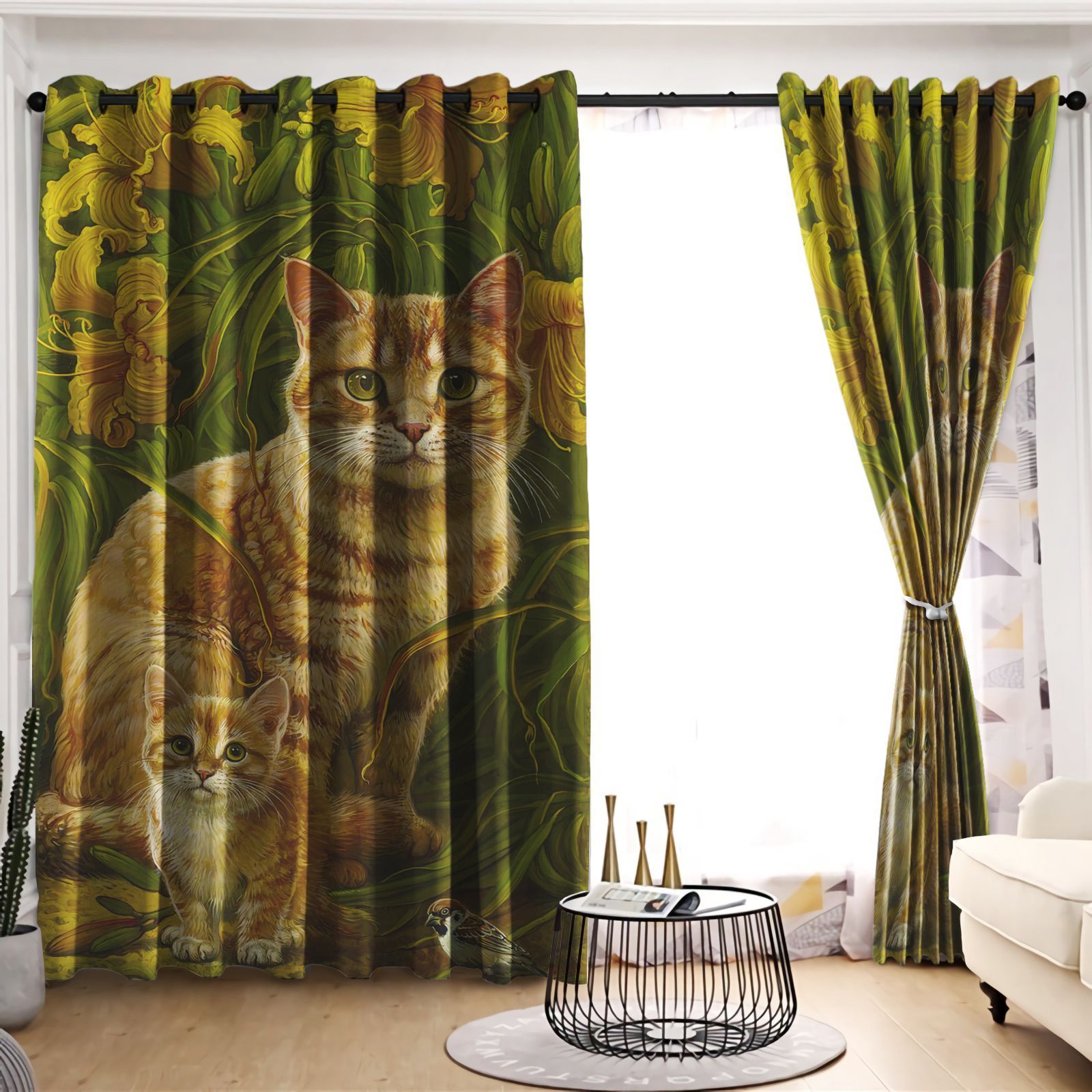cat green tree printed window curtain home decor 8804