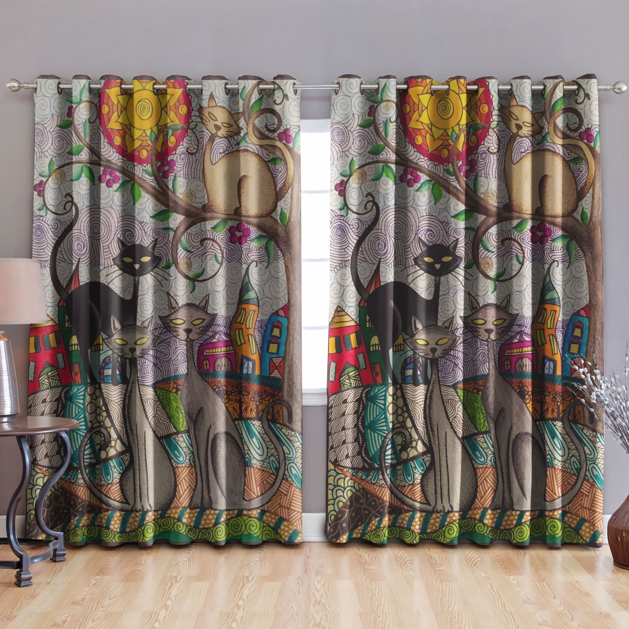 cat peaceful hometown printed window curtain home decor 1661