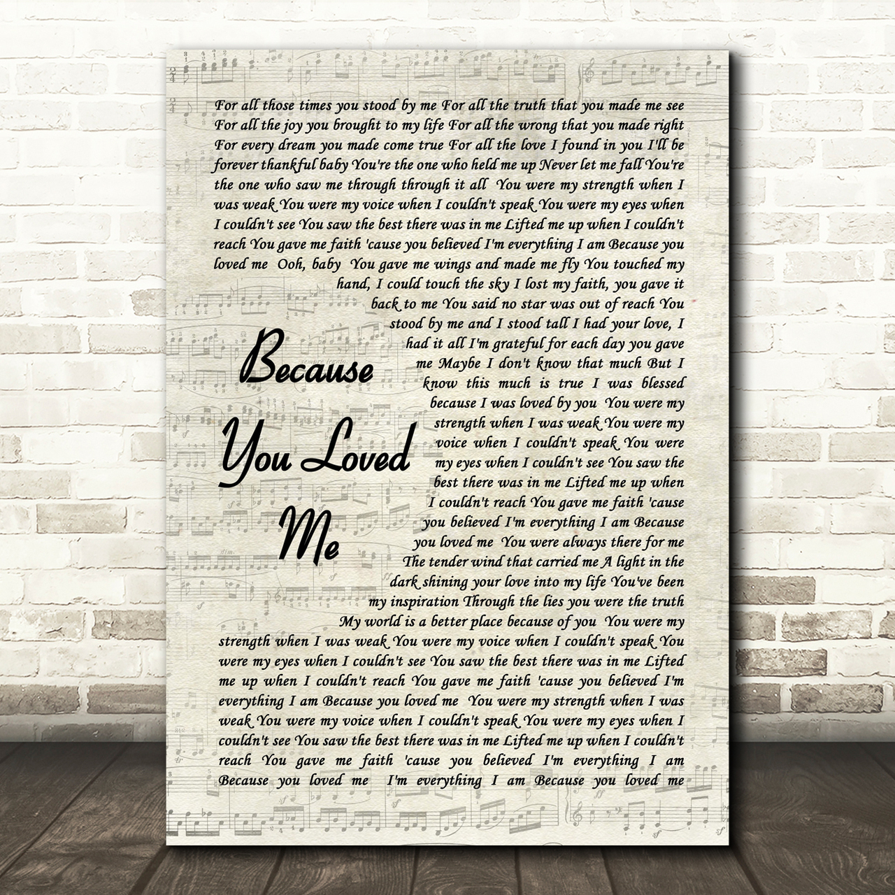 celine dione because you loved me vintage script song lyric quote print 5589