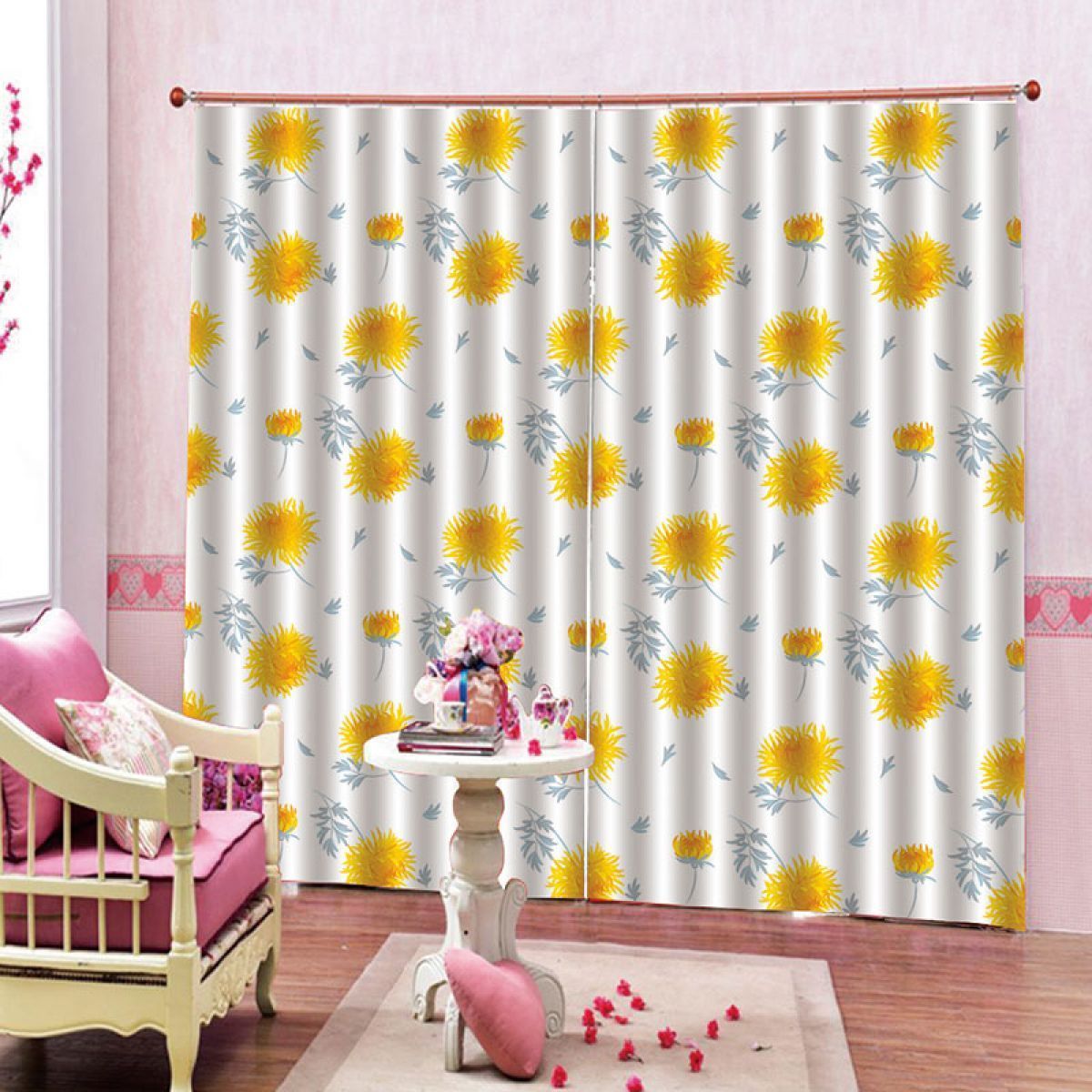 chrysanthemum yellow and white printed window curtain home decor 7021