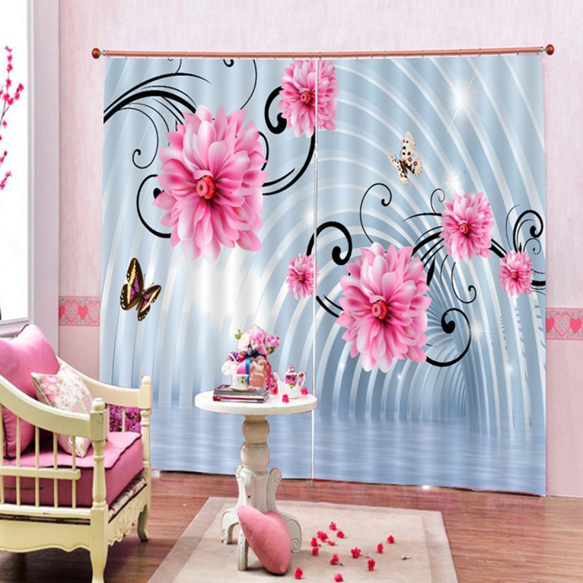 cloister flower and butterfly printed window curtain home decor 2224