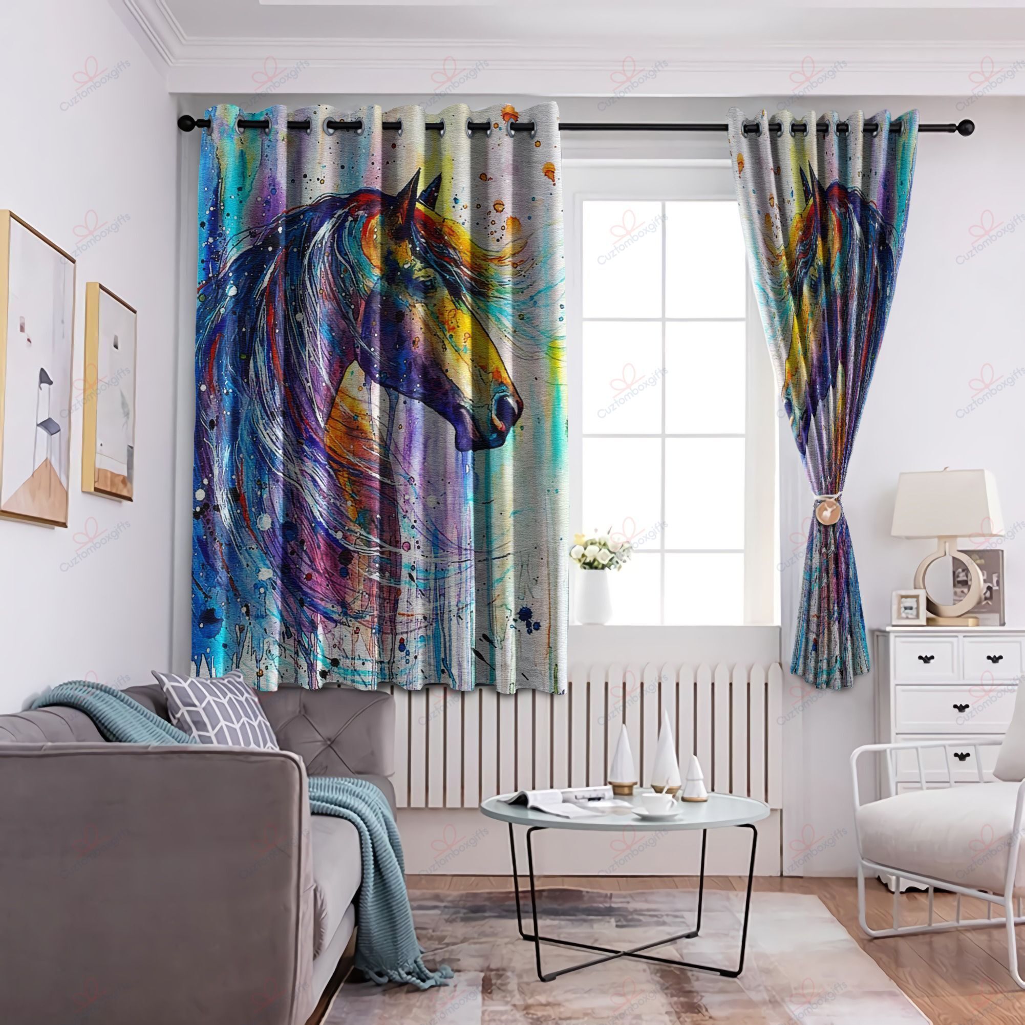 colorful horse art printed window curtain home decor 8333