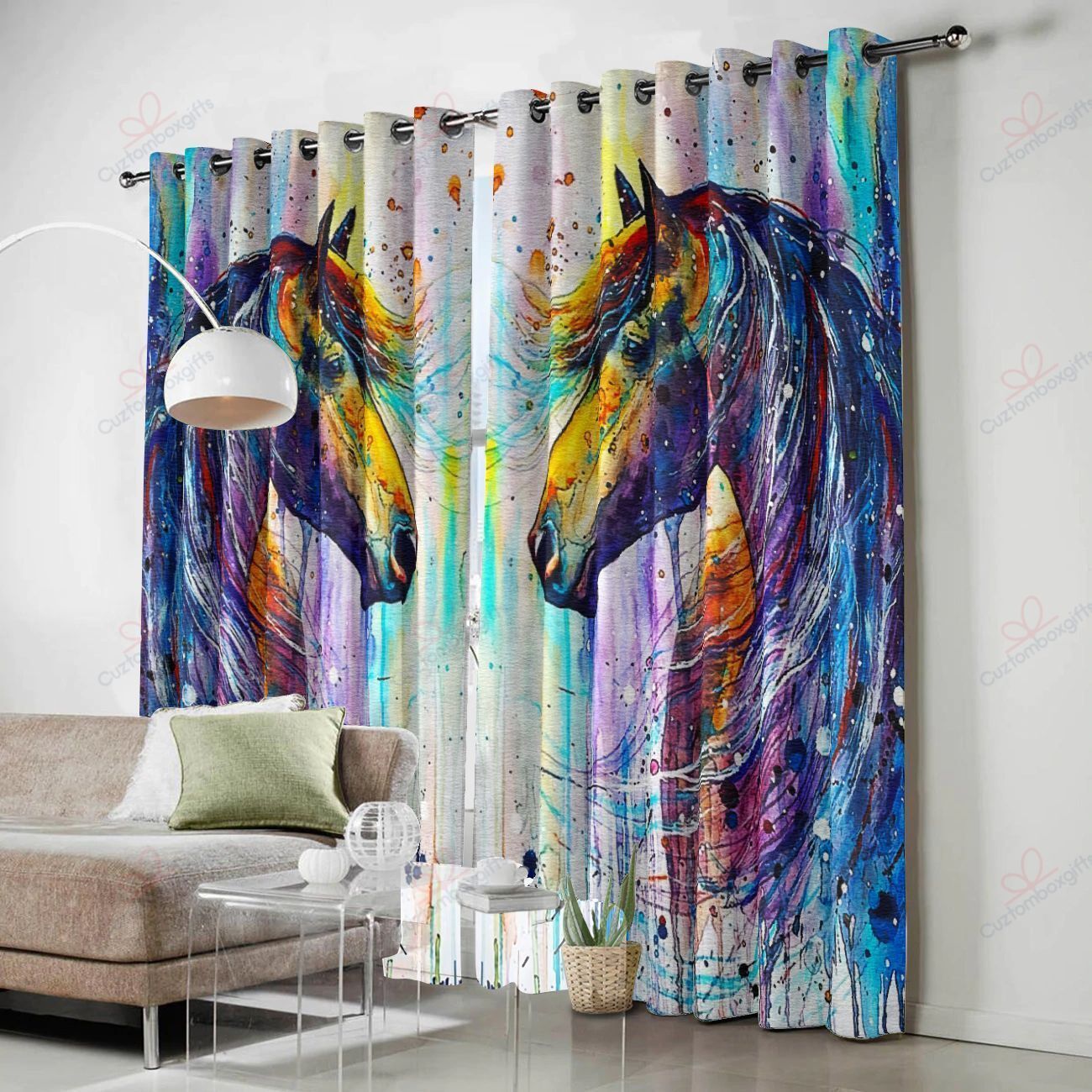 colorful horse art printed window curtain home decor 8357