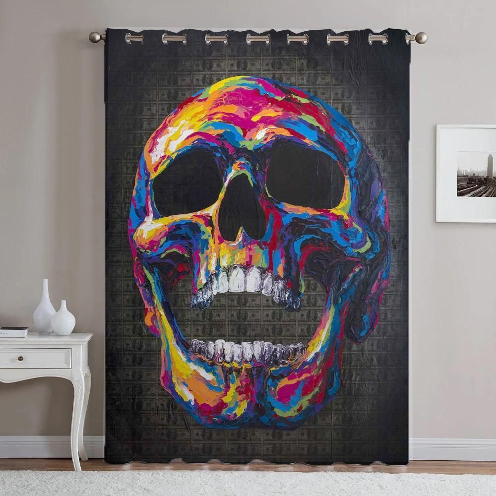 colorful screaming skull gray background printed window curtain 7613