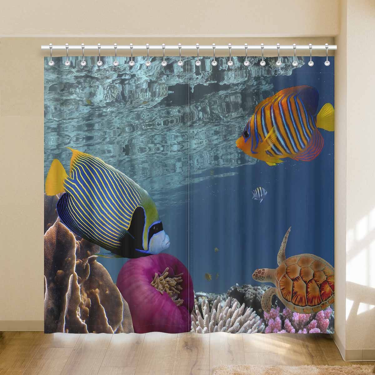 coral reef and fish with turtle printed window curtain 4774