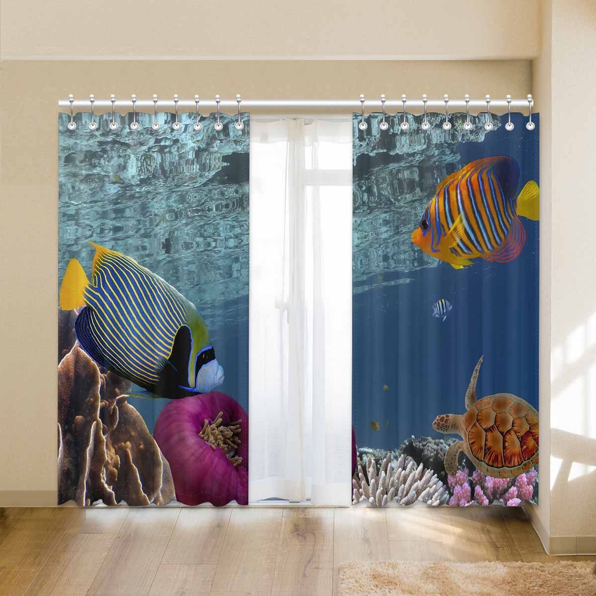 coral reef and fish with turtle printed window curtain 8339