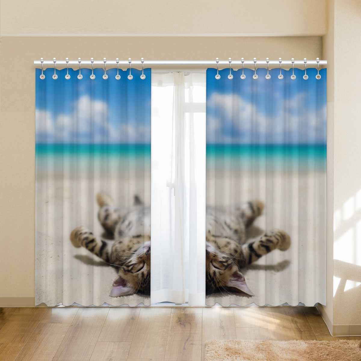 cute cat on beach printed window curtain 1700