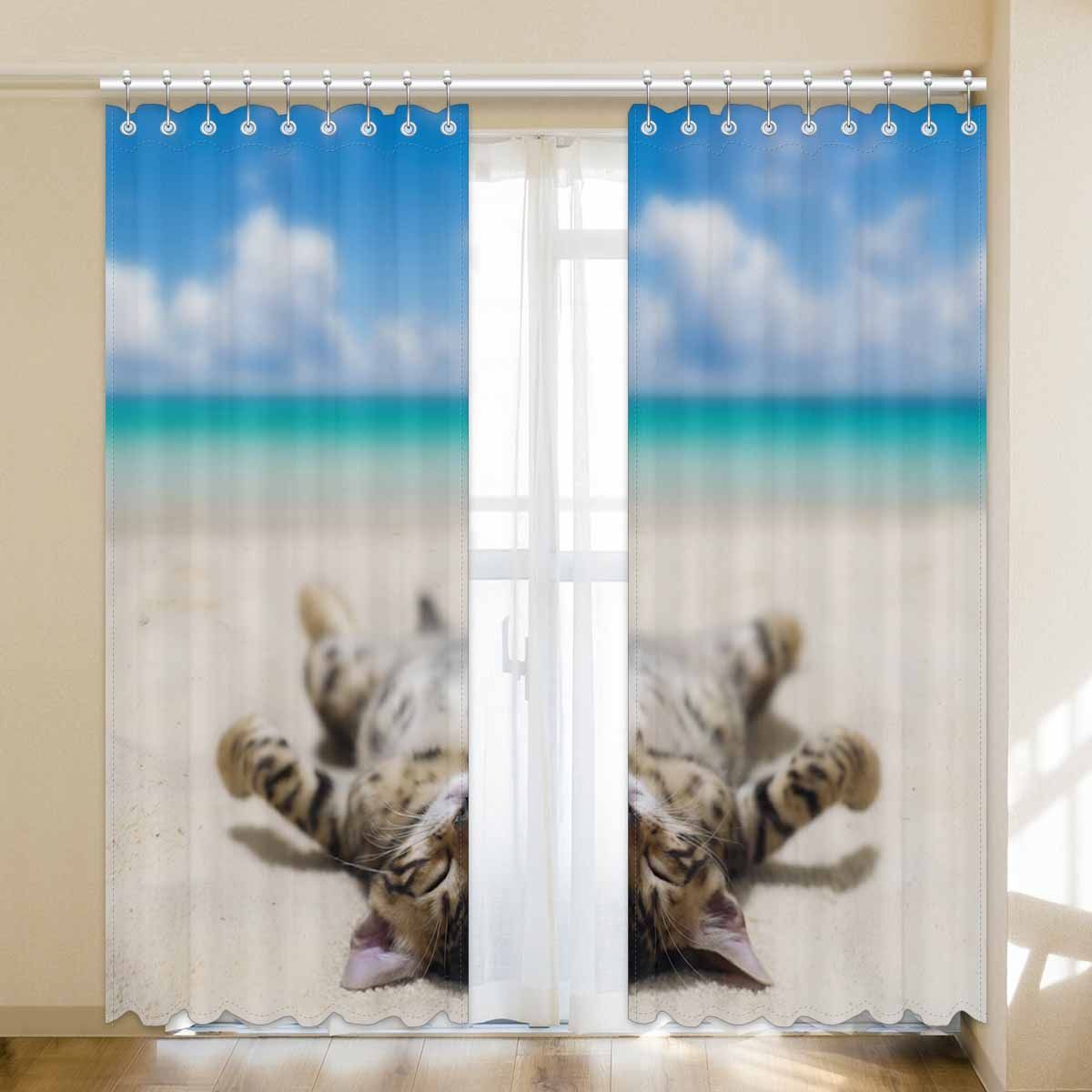 cute cat on beach printed window curtain 6936
