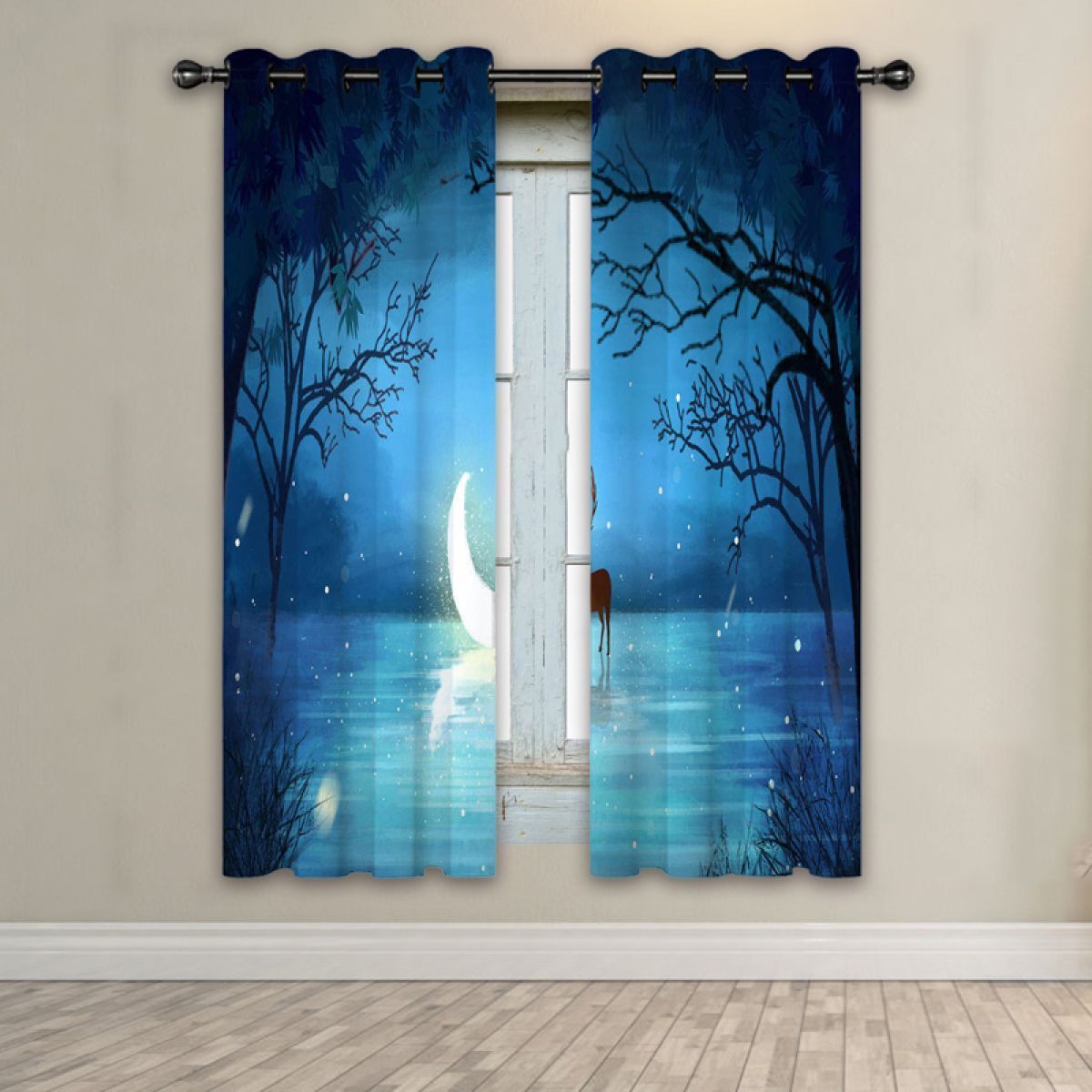 deer and moon printed window curtain home decor 7690