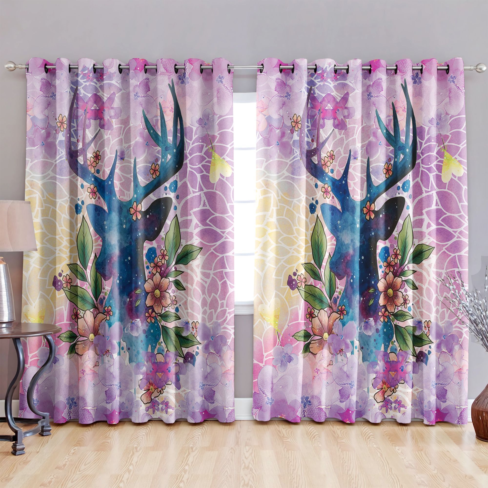 deer appear in beautiful purple theme printed window curtains home decor 6637