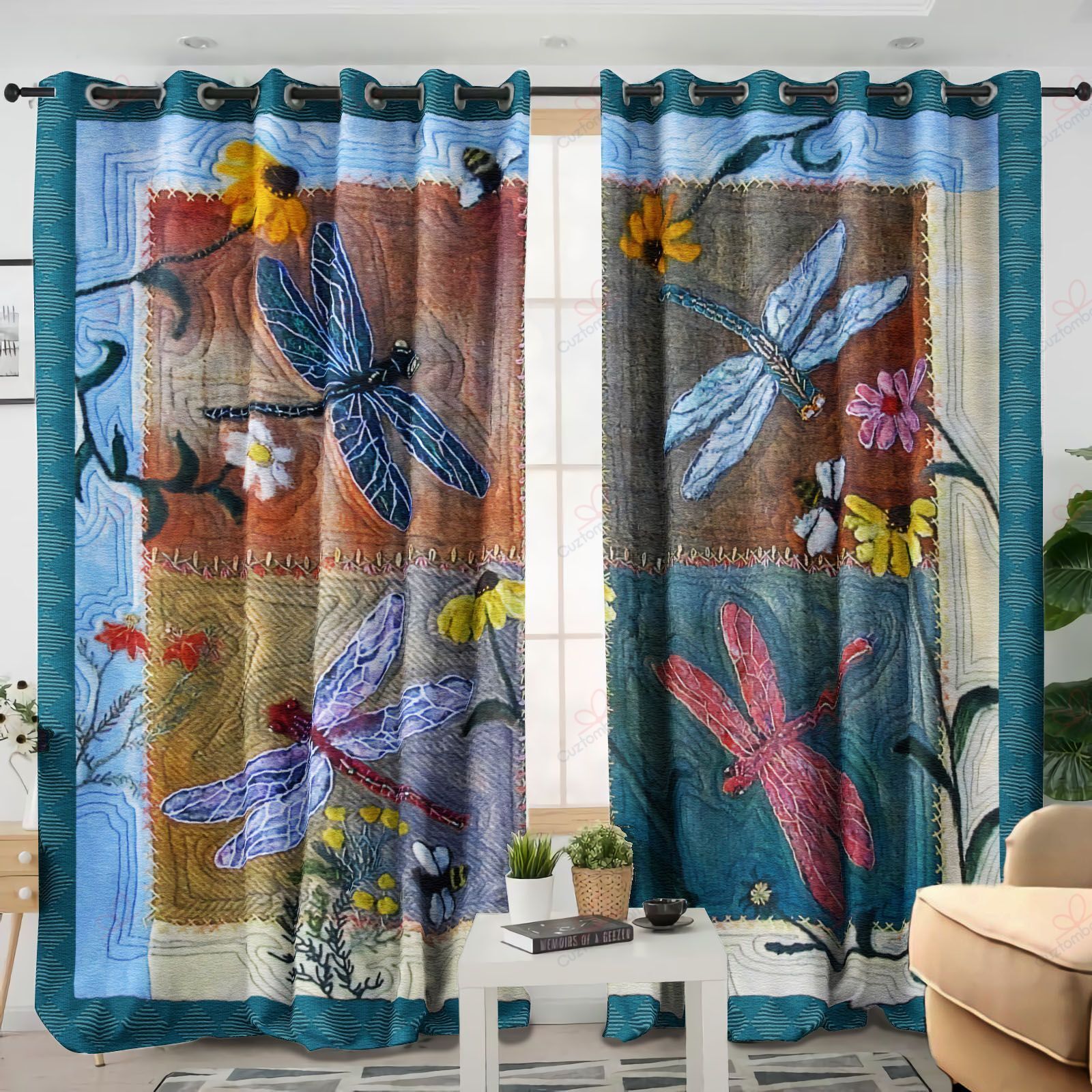 dragonfly and flower printed window curtain home decor 1706