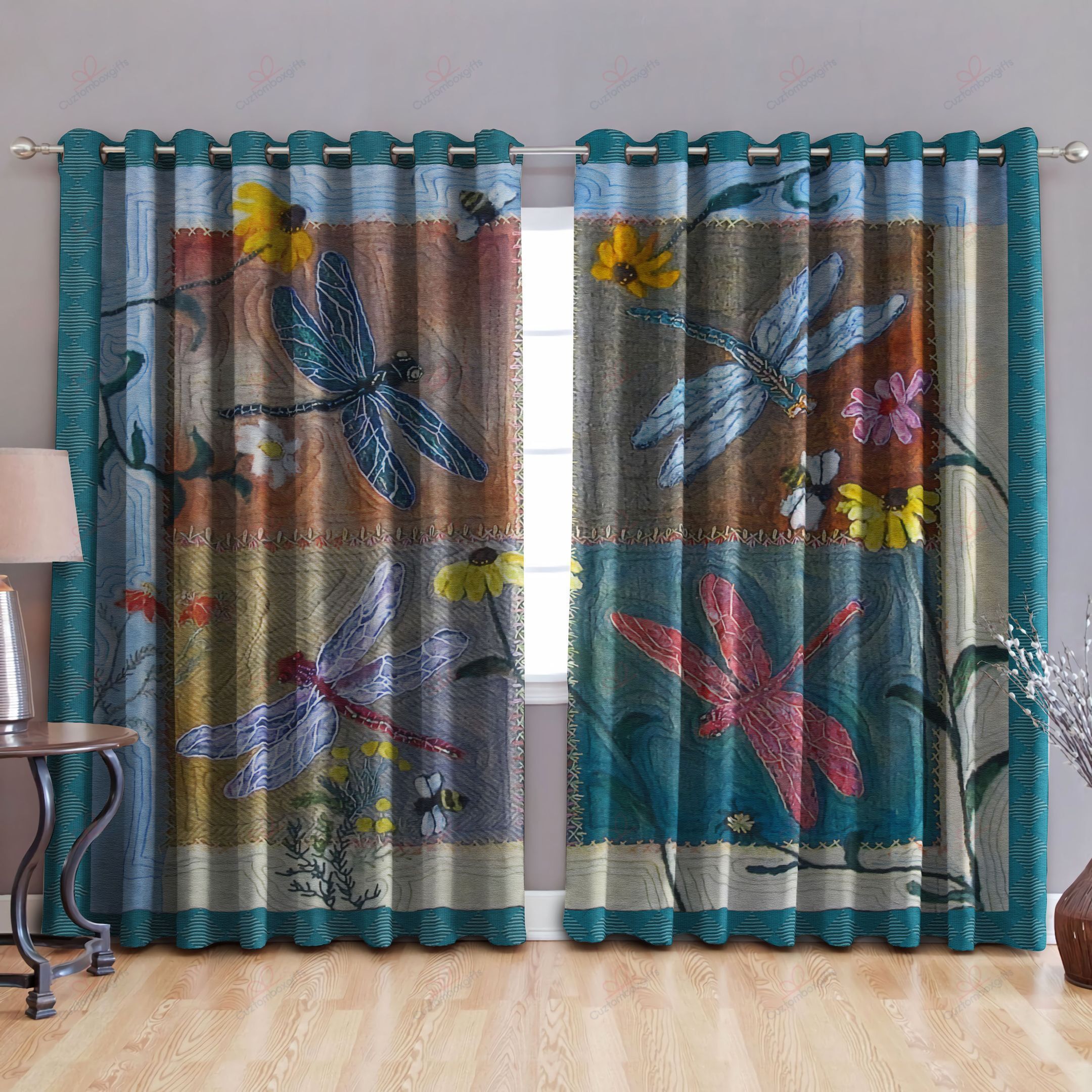 dragonfly and flower printed window curtain home decor 6437