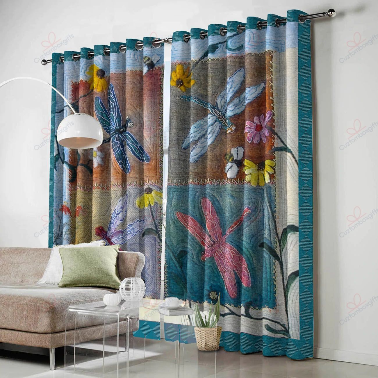 dragonfly and flower printed window curtain home decor 7354