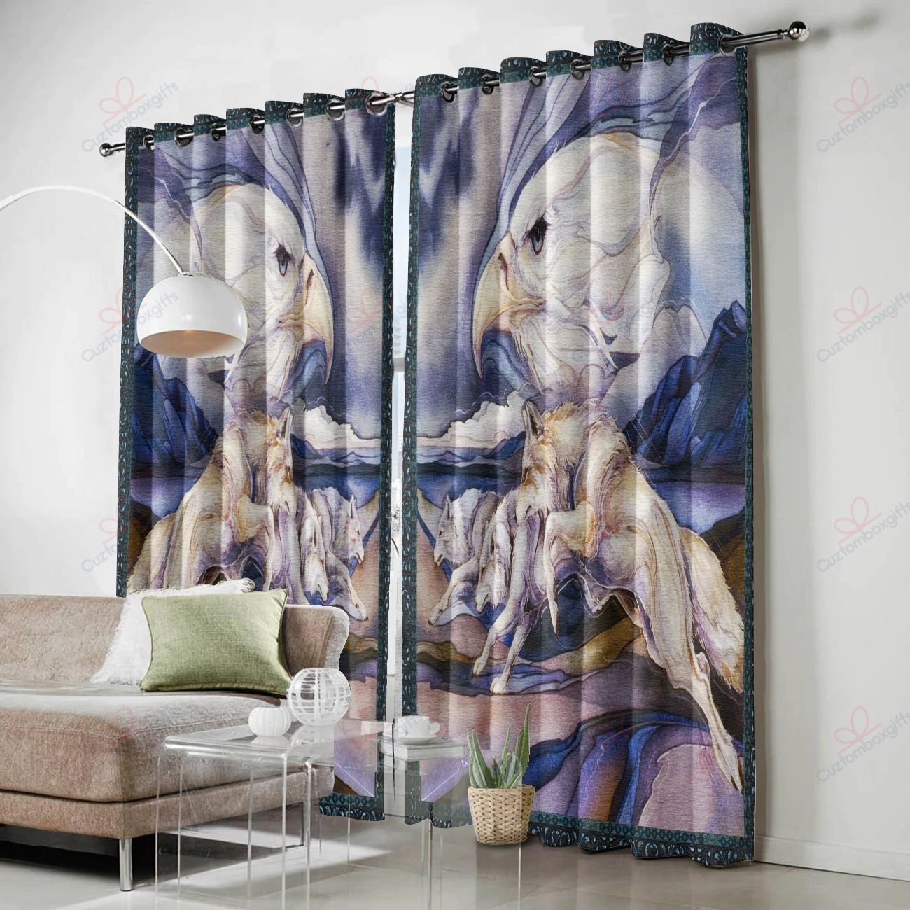 eagle and wolf mountain printed window curtain home decor 4727