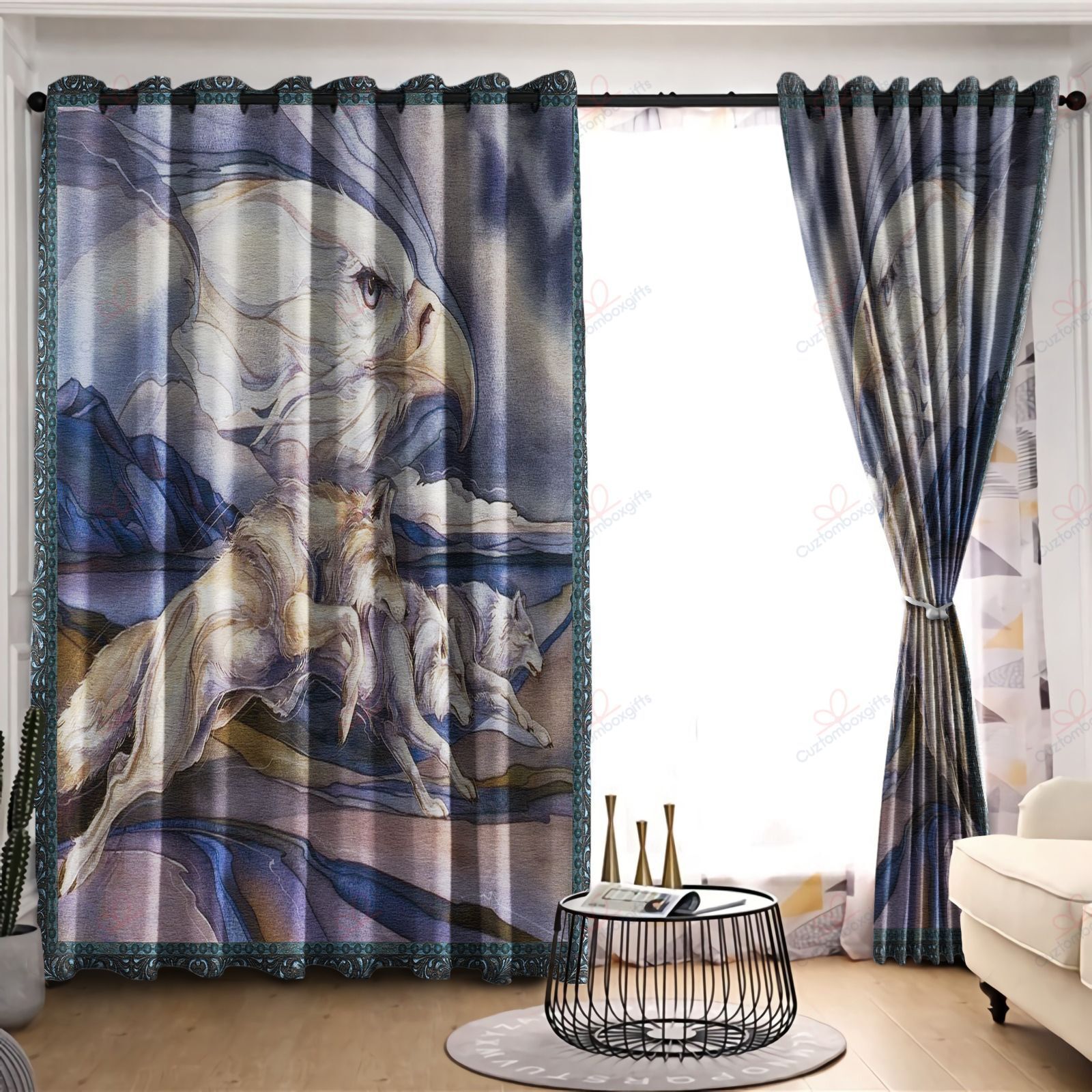eagle and wolf mountain printed window curtain home decor 7147