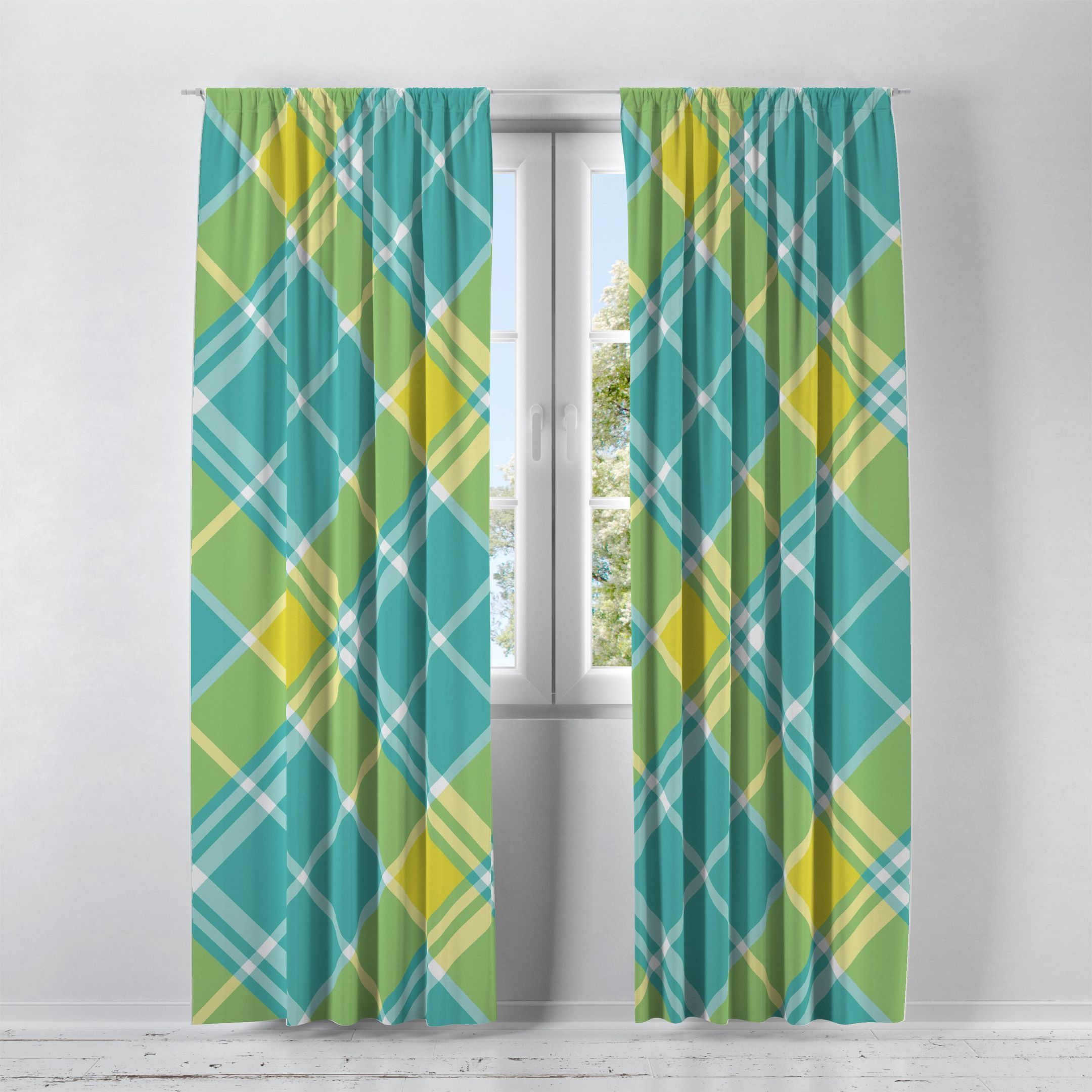 elegant coastal plaid printed window curtains home decor 3690