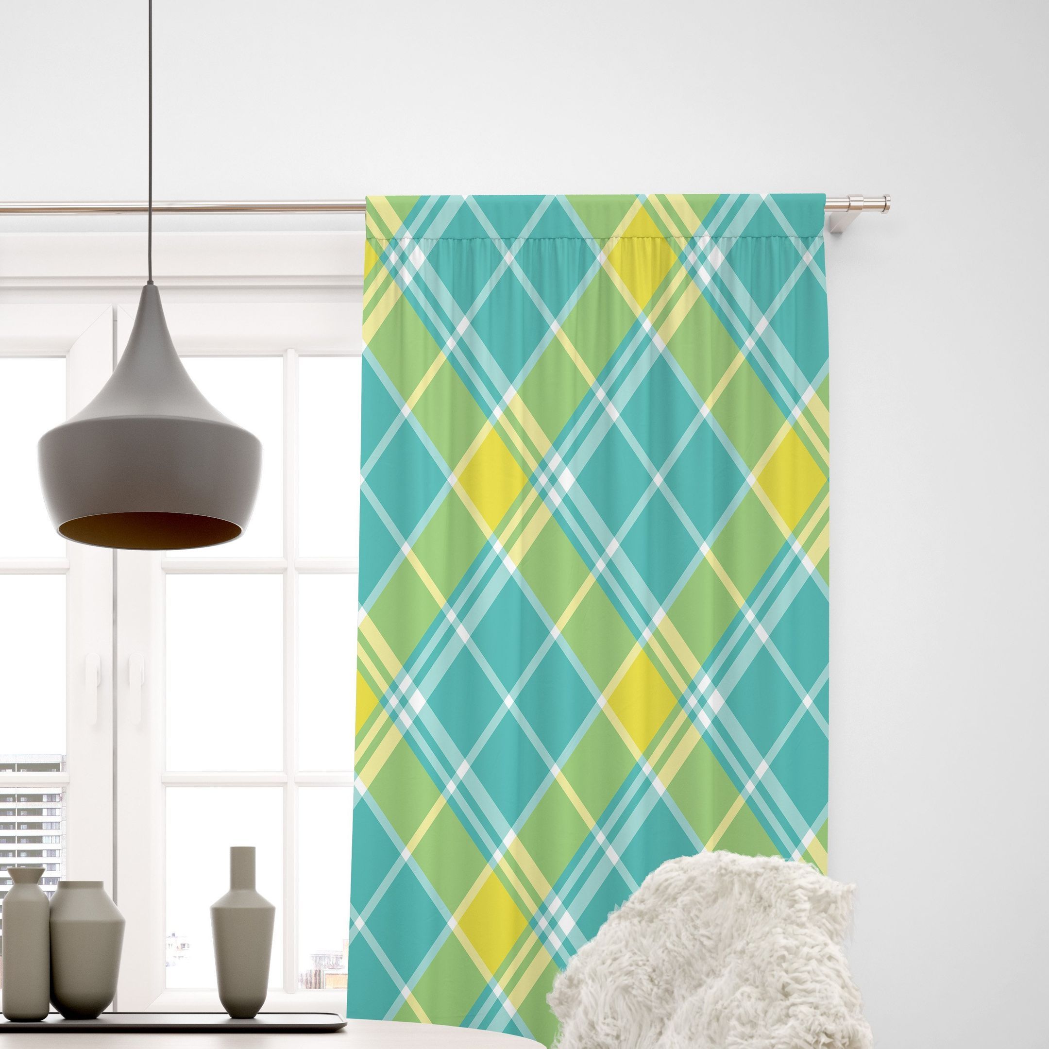elegant coastal plaid printed window curtains home decor 4777