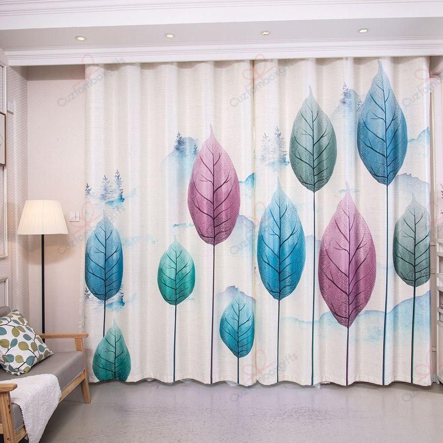 elegant leaves white theme printed window curtains home decor 2964
