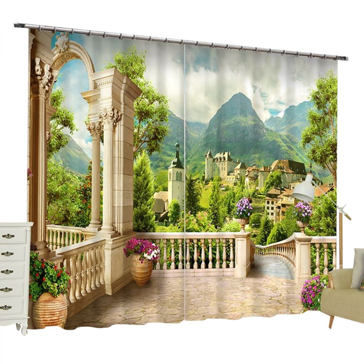 european garden and building view printed window curtain home decor 6825