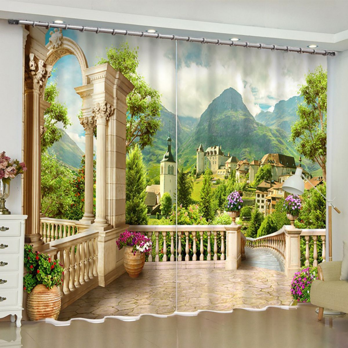 european garden and building view printed window curtain home decor 7578