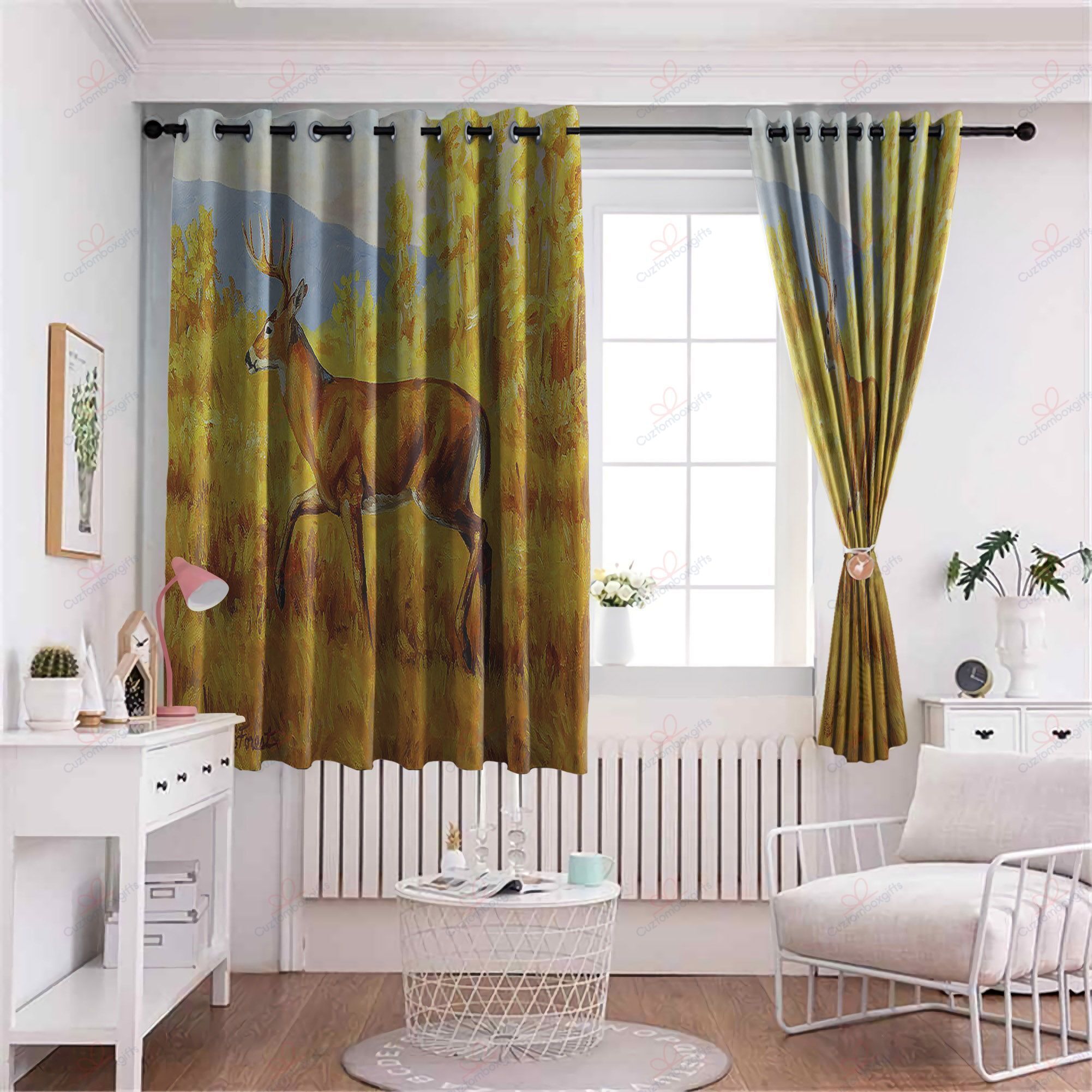 fall deer yellow theme printed window curtains home decor 1229