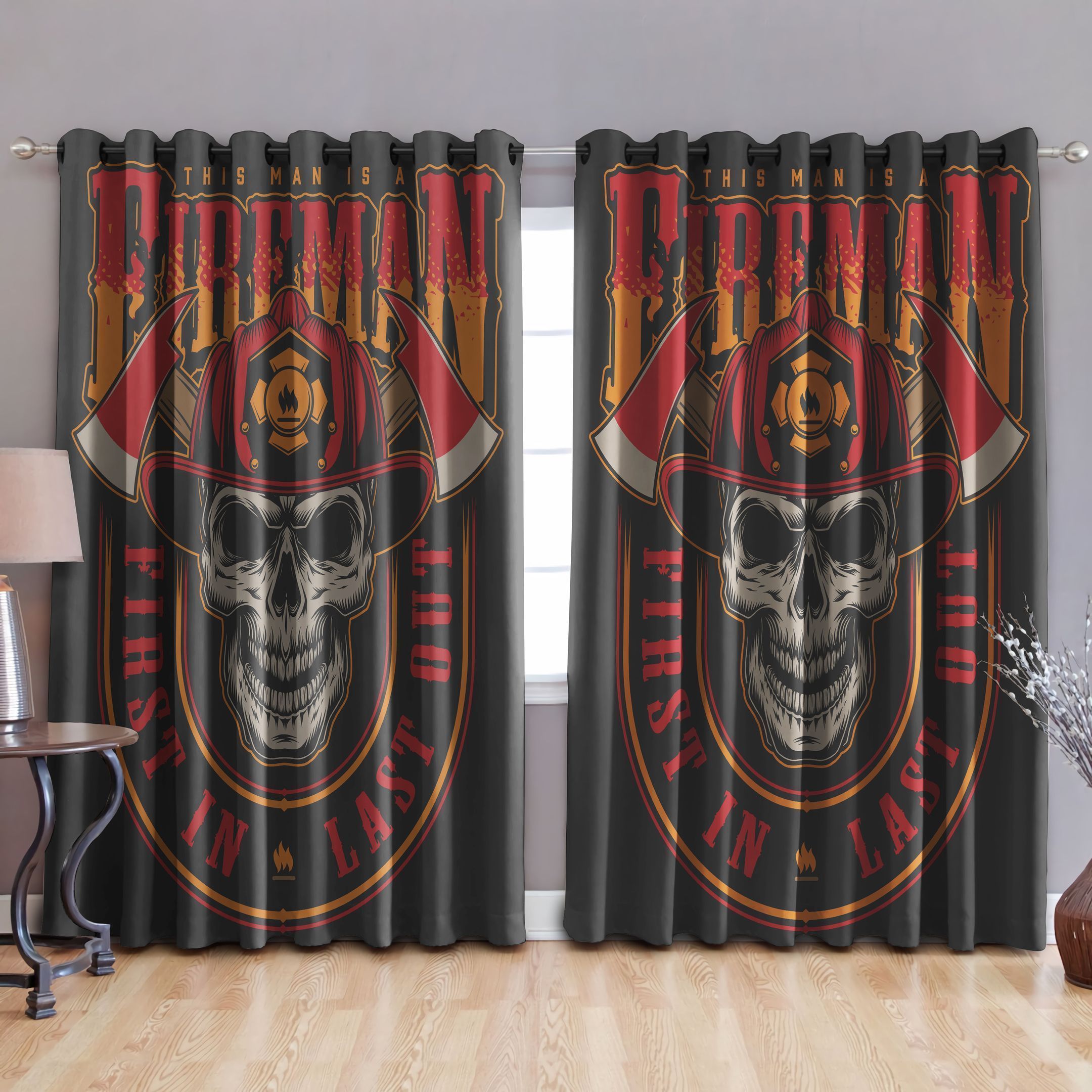firefighter skull last out printed window curtain home decor 4675