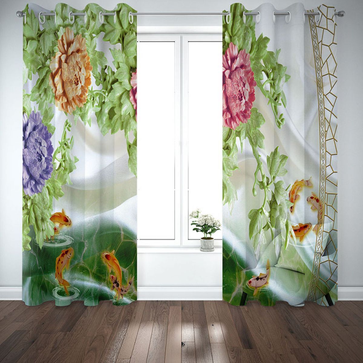 fishes and peonies printed window curtain home decor 2112