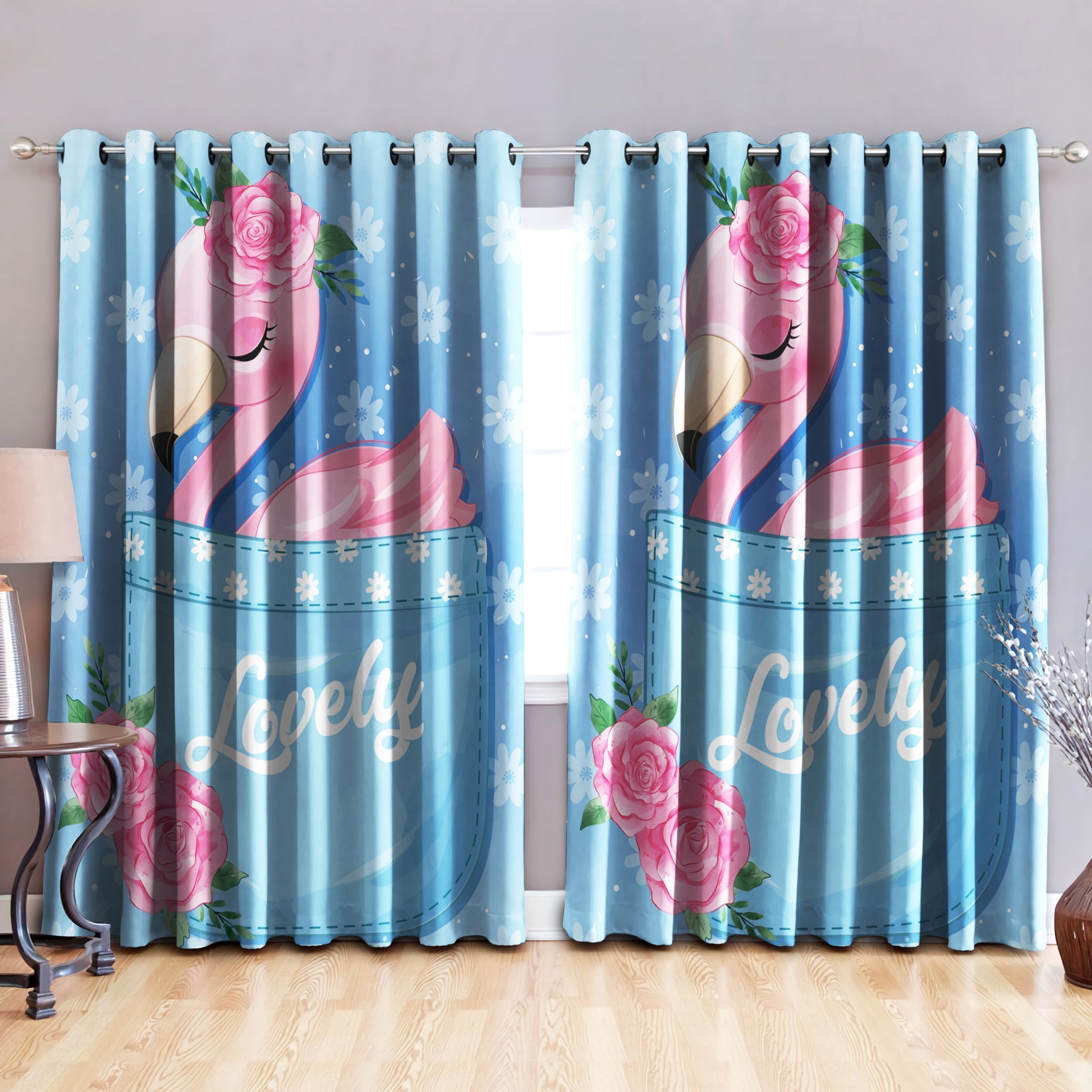 flamingo on the basket printed window curtain home decor 6455