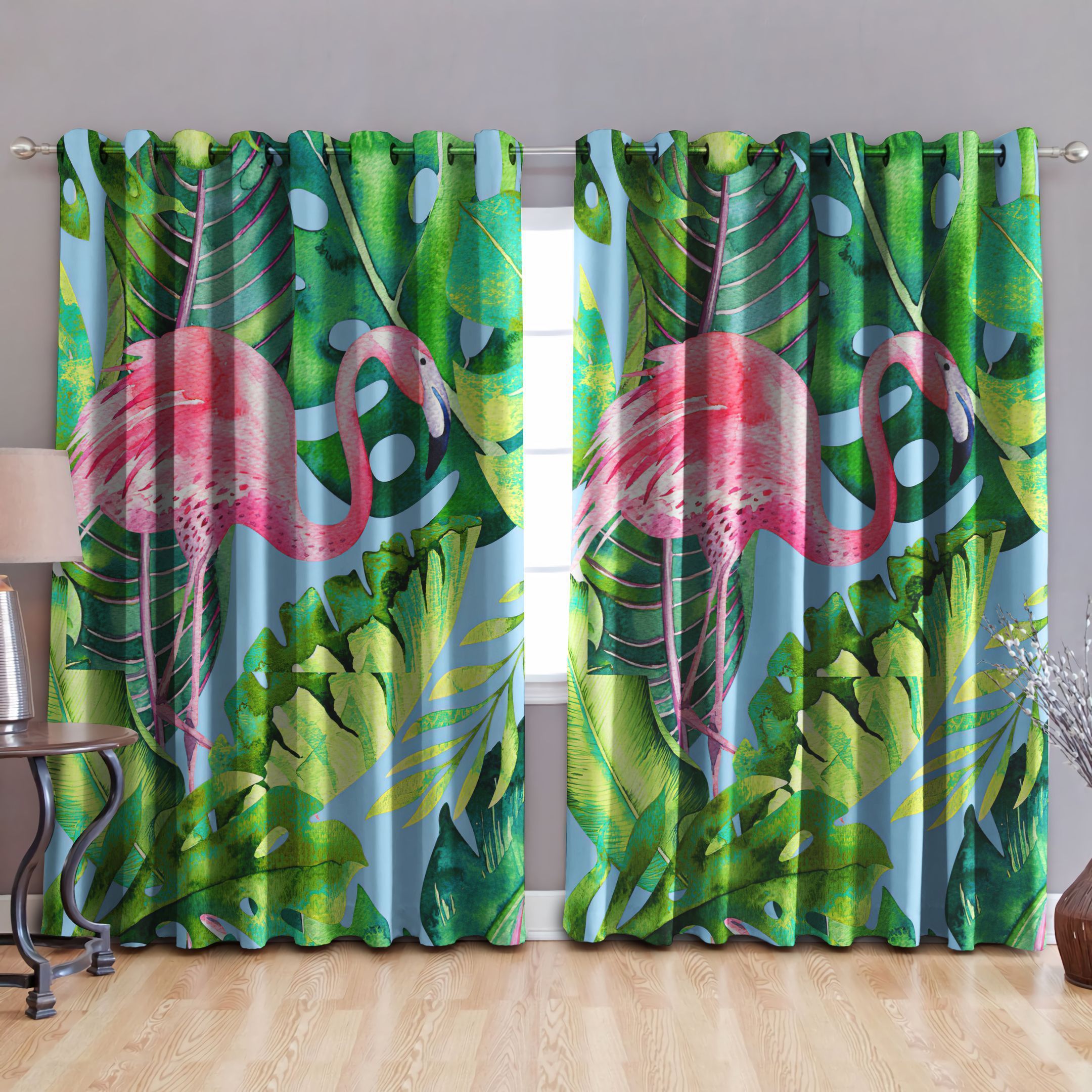 flamingo tropical palm pattern printed window curtain home decor 1643