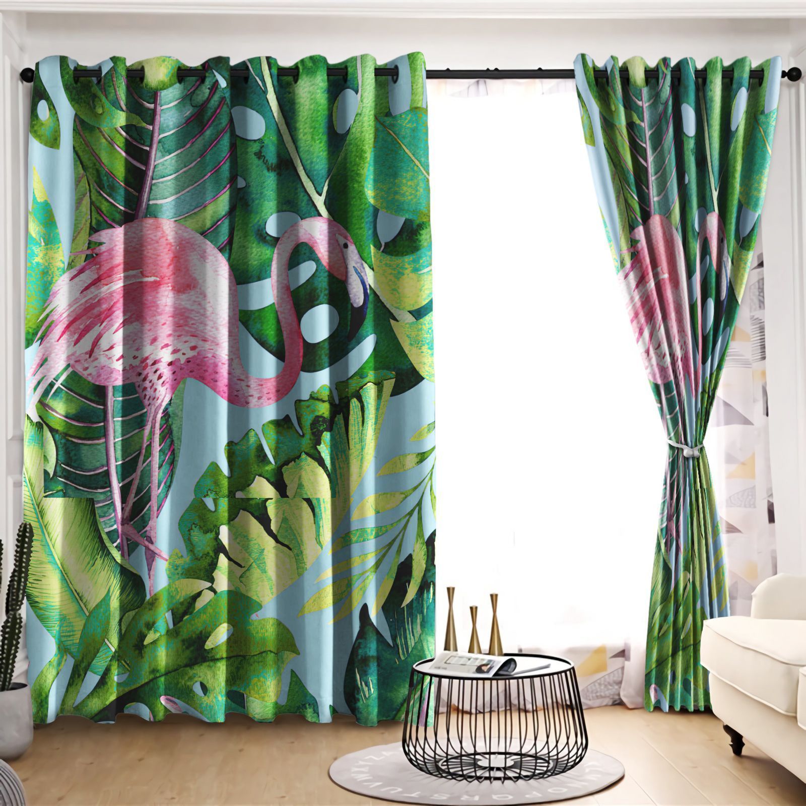 flamingo tropical palm pattern printed window curtain home decor 5029