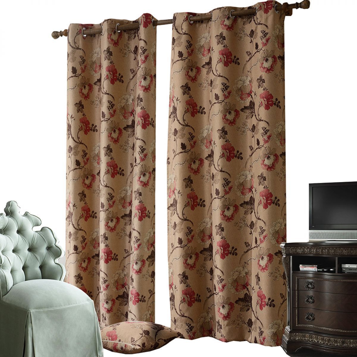 floral on brown background printed window curtain home decor 5129