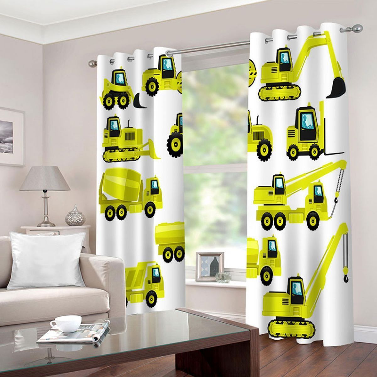 fluorescent yellow heavy equipment architectural engineering truck printed window curtain home decor 1324