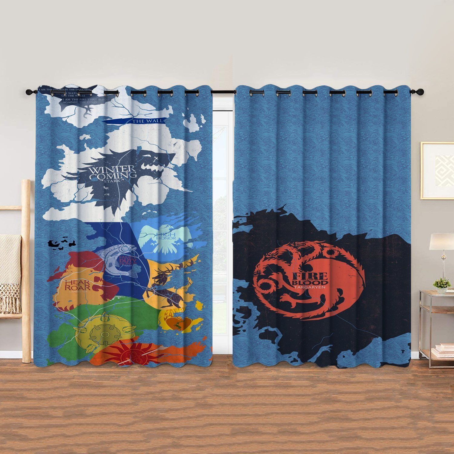 game oof thrones houses map blue background printed window curtain 2860
