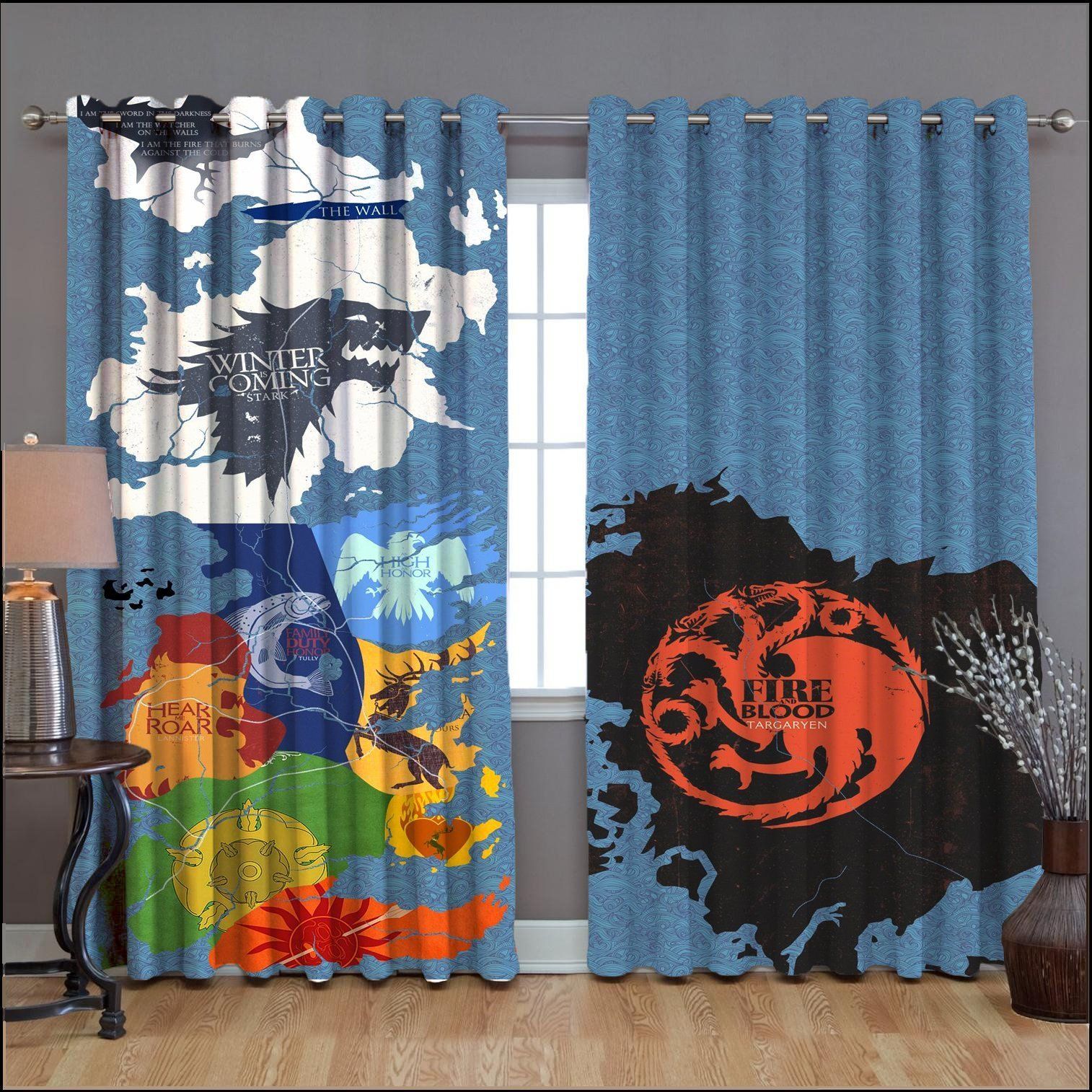 game oof thrones houses map blue background printed window curtain 6428