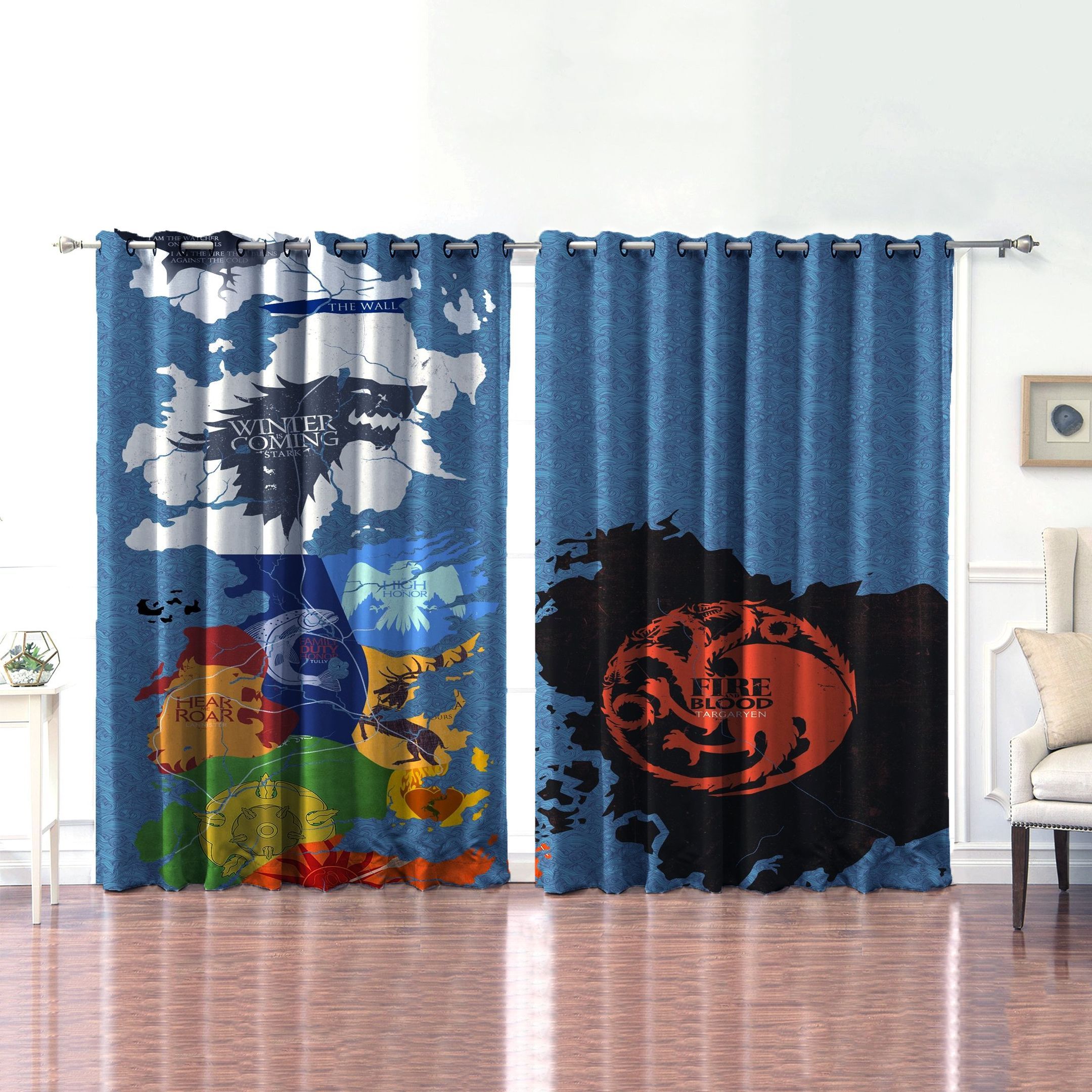 game oof thrones houses map blue background printed window curtain 6737
