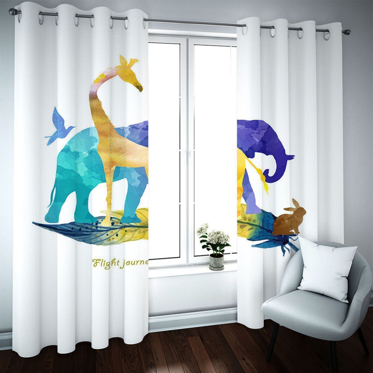 giraffe and elephant in white printed window curtain home decor 3779