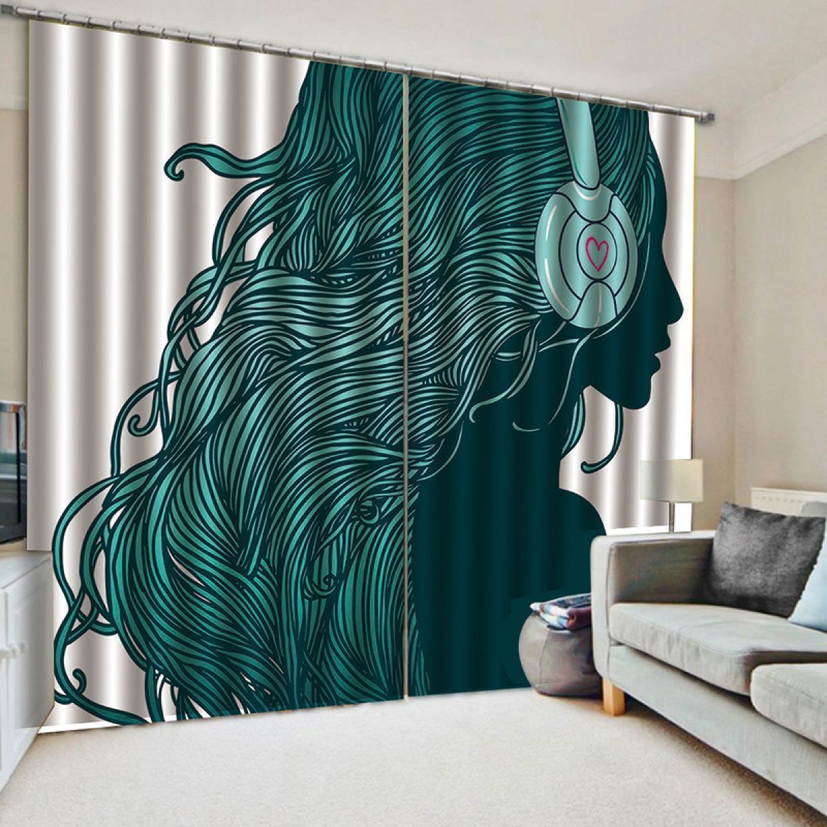 Girl With Earphone Printed Window Curtain Home Decor girl with earphone printed window curtain home decor 3202