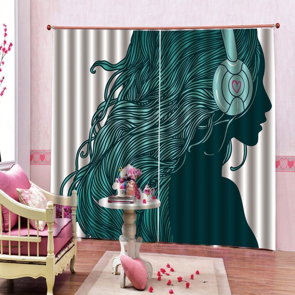 Girl With Earphone Printed Window Curtain Home Decor girl with earphone printed window curtain home decor 3620