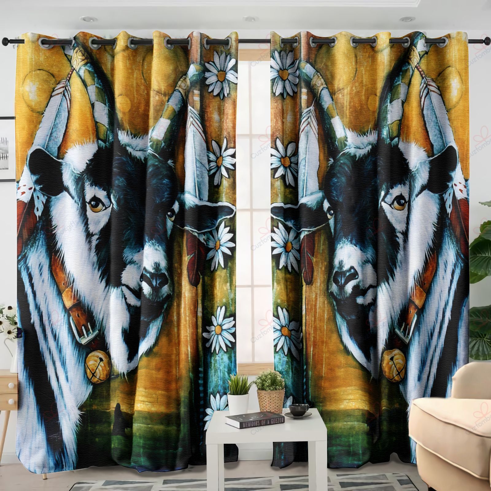 goat art daisy flower printed window curtain home decor 7872