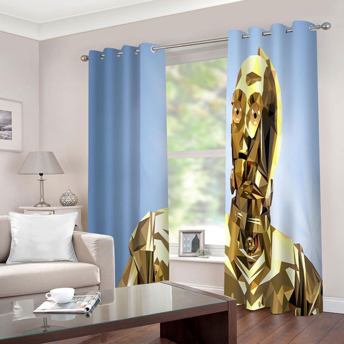 gold robot printed window curtain home decor 3811