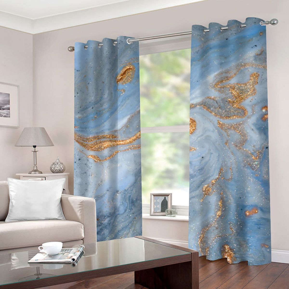 gold scenery printed window curtain home decor 6962