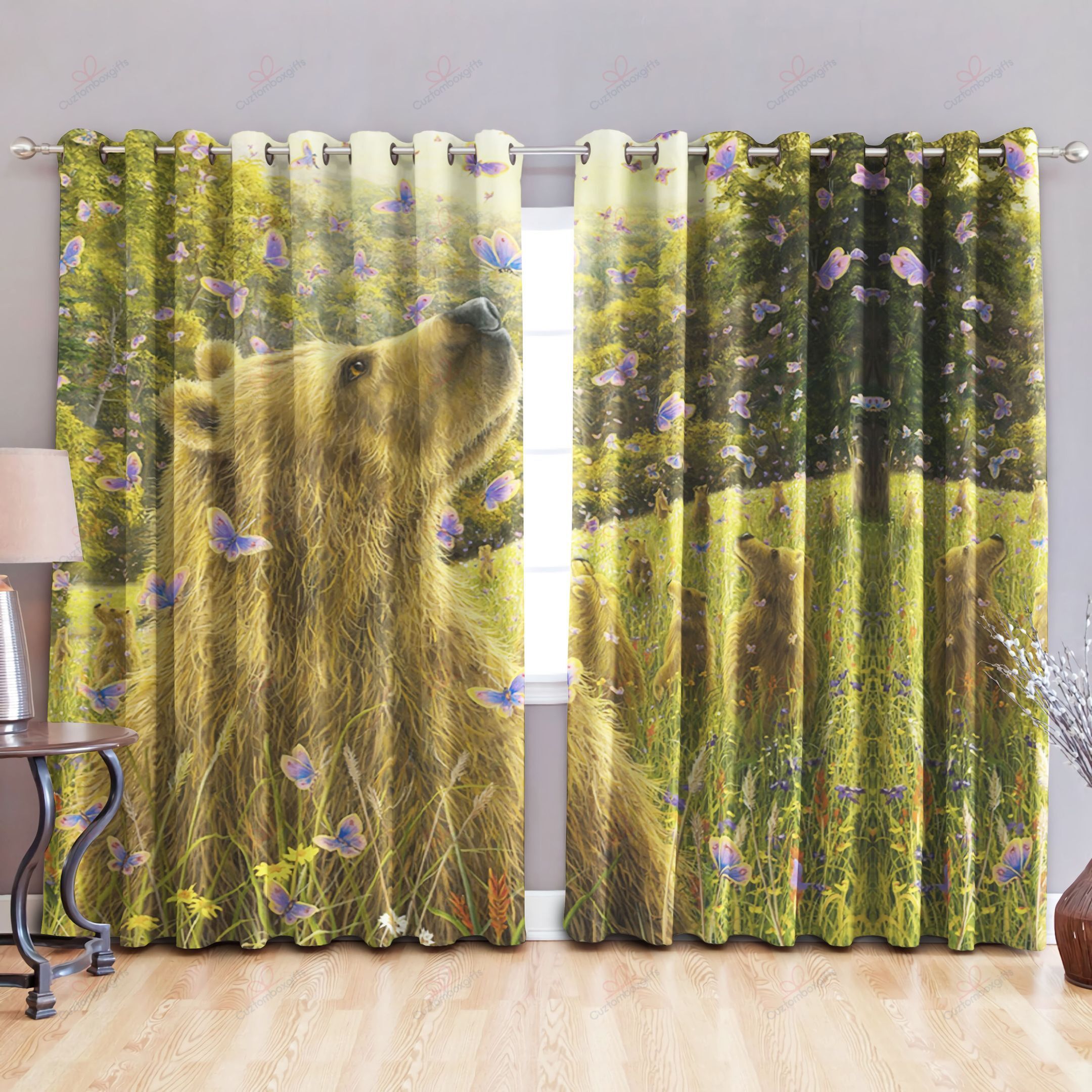 golden bear butterflies printed window curtain home decor 3024