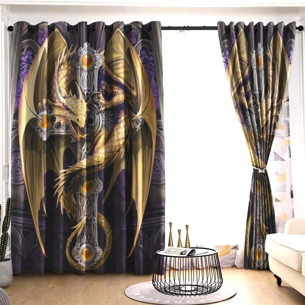 Golden Dragon Hugging The Cross Printed Window Curtain golden dragon hugging the cross printed window curtain 5427