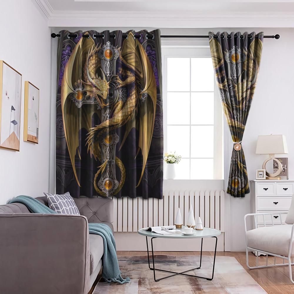 Golden Dragon Hugging The Cross Printed Window Curtain golden dragon hugging the cross printed window curtain 5486