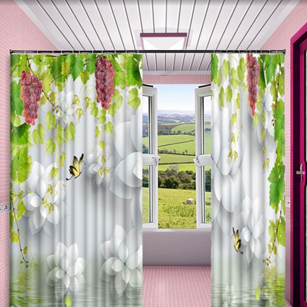grapes and lotus printed window curtain home decor 2425